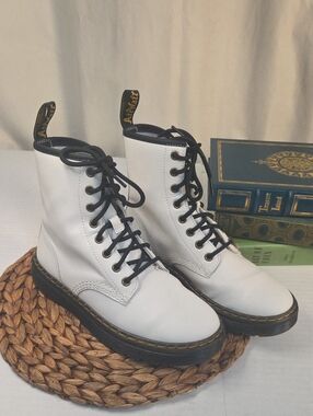 Dr. Martens White Lace-Up Combat Boots with Black Laces Size 6